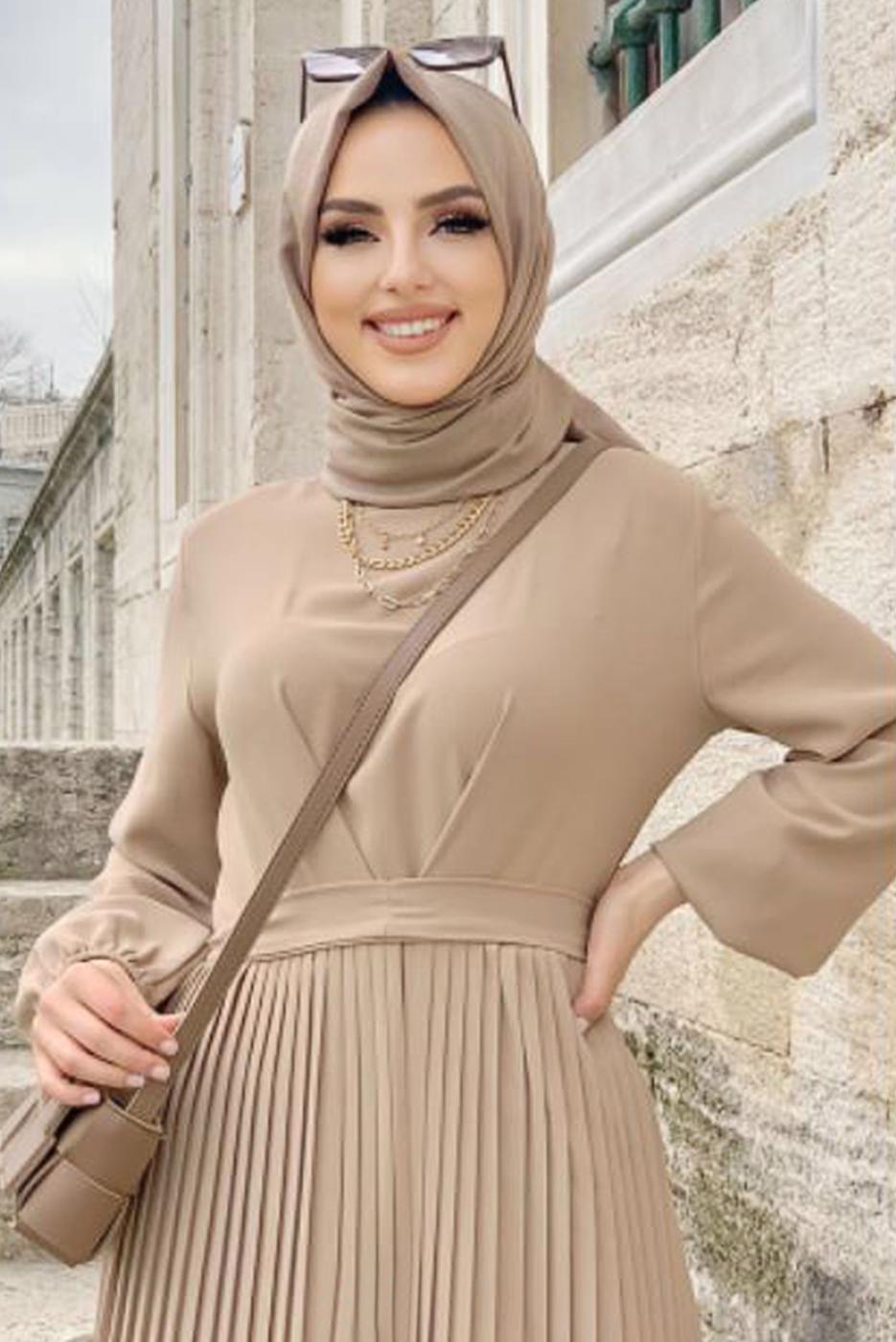 Tesettür giyim VİZON KUŞAKLI PİLİSELİ TULUM T 4073