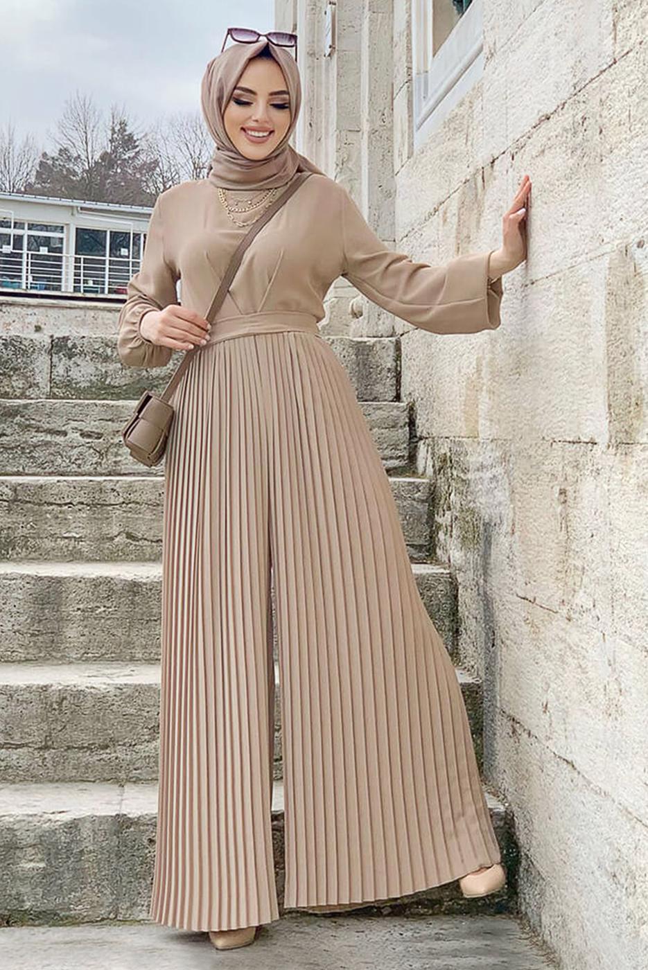 Tesettür giyim VİZON KUŞAKLI PİLİSELİ TULUM T 4073