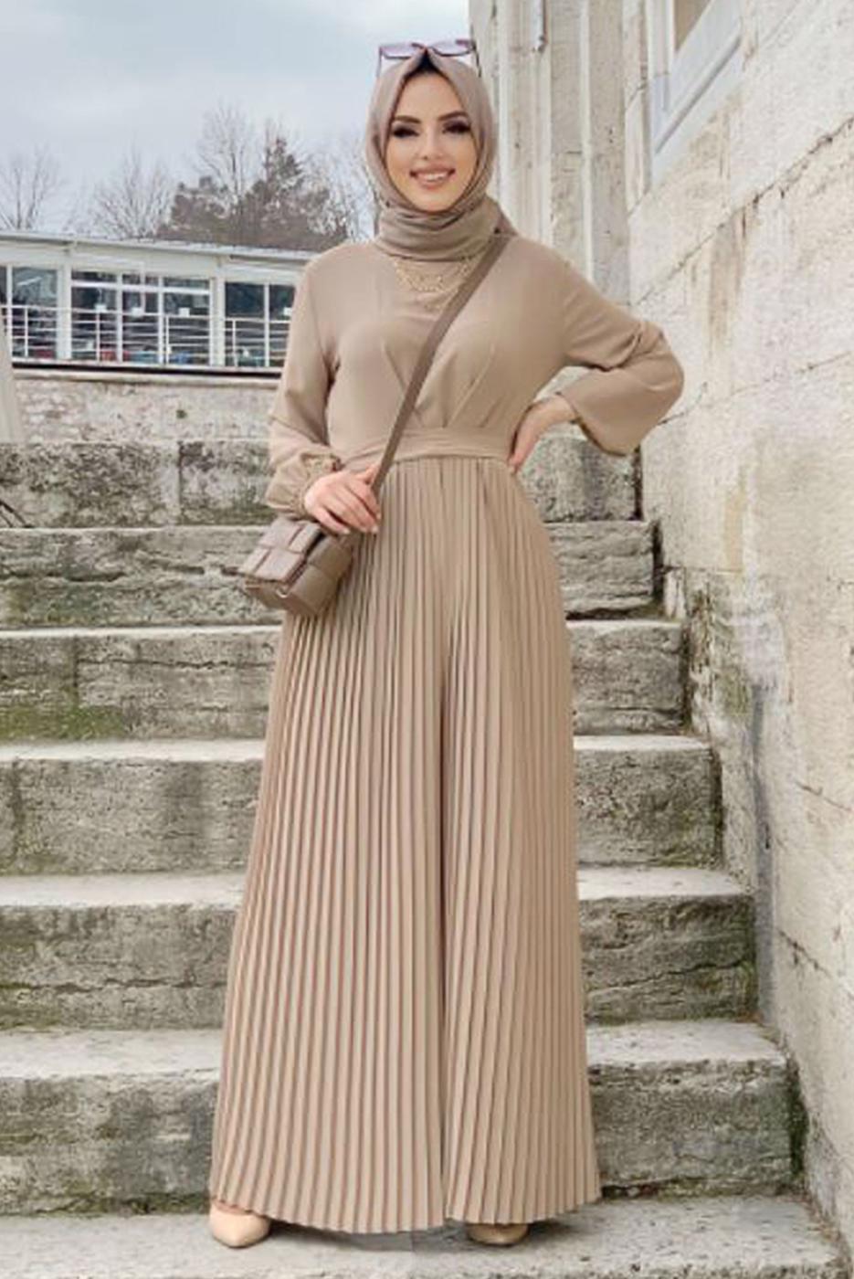 Tesettür giyim VİZON KUŞAKLI PİLİSELİ TULUM T 4073