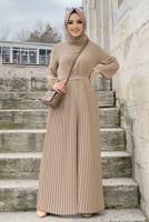 Tesettür giyim VİZON KUŞAKLI PİLİSELİ TULUM T 4073