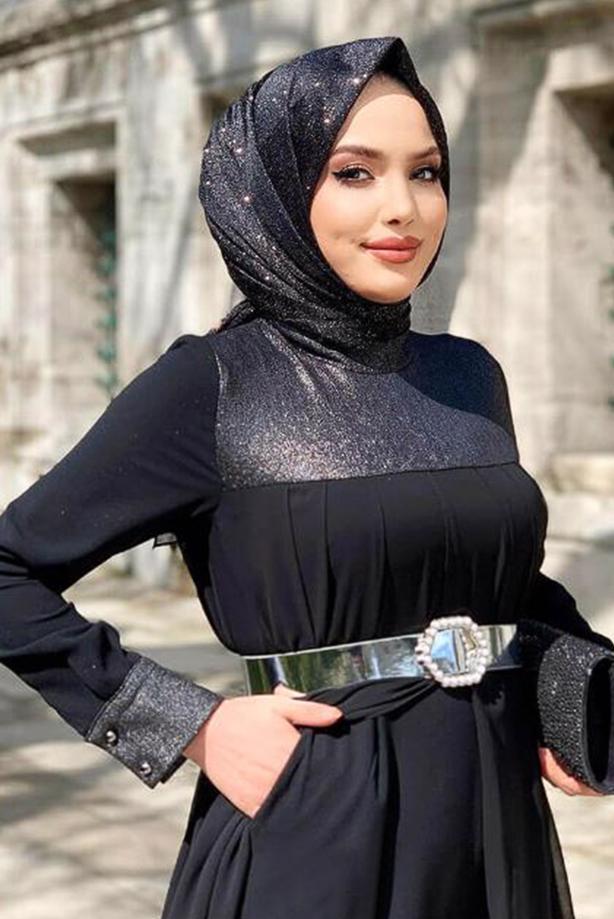 Vêtements hijab NOIR COMBINAISON AVEC CEINTURE 4153 - TRENDTESETTÜR