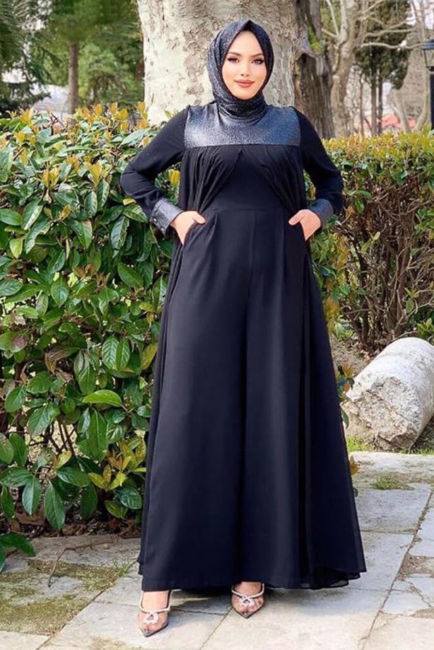 Vêtements hijab NOIR COMBINAISON AVEC CEINTURE 4153 - TRENDTESETTÜR