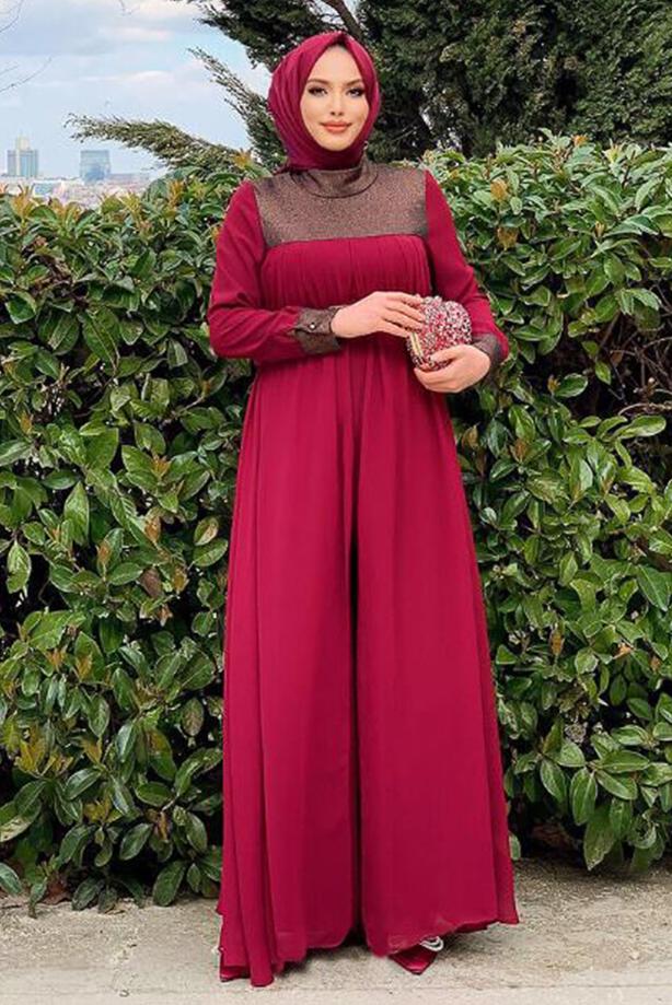 Vêtements hijab ROUGE BORDEAUX COMBINAISON AVEC CEINTURE 4153 - TRENDTESETTÜR
