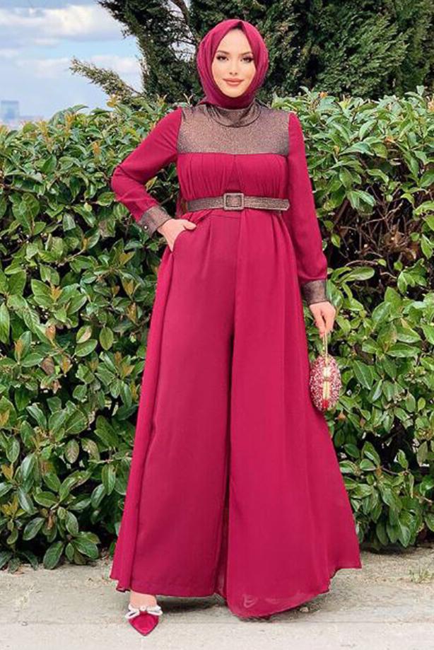 Vêtements hijab ROUGE BORDEAUX COMBINAISON AVEC CEINTURE 4153 - TRENDTESETTÜR