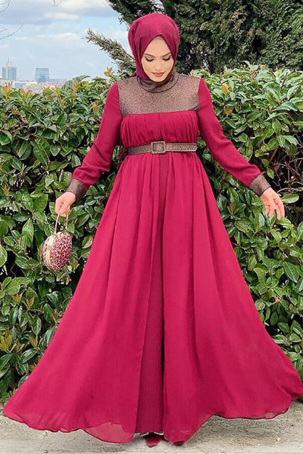 Vêtements hijab ROUGE BORDEAUX COMBINAISON AVEC CEINTURE 4153 - TRENDTESETTÜR