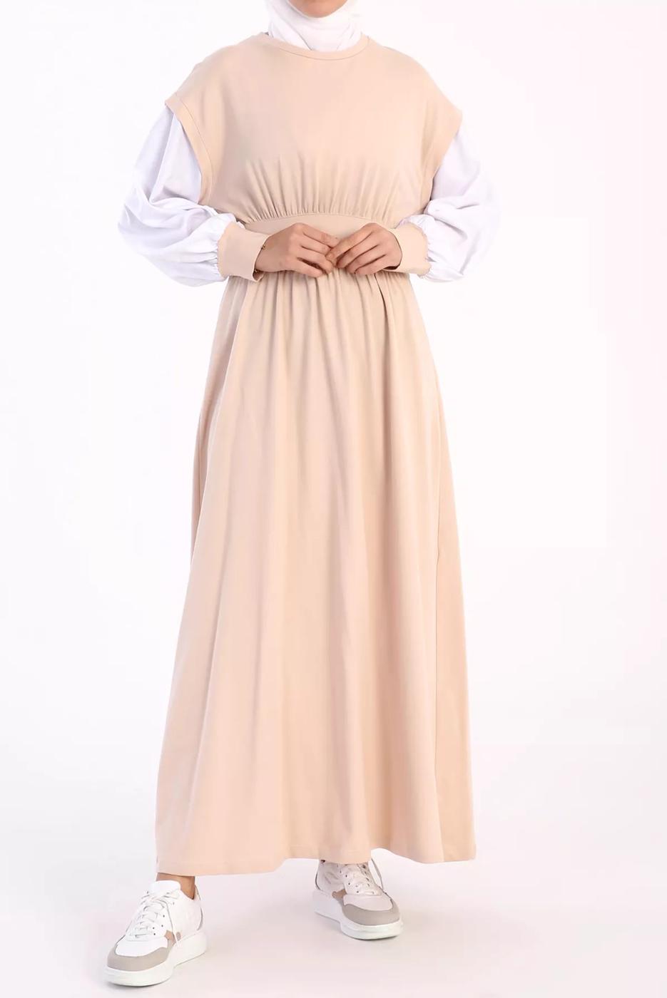 Hijab clothing BEIGE ELASTIC WAIST 2-COLOR DRESS 42006 