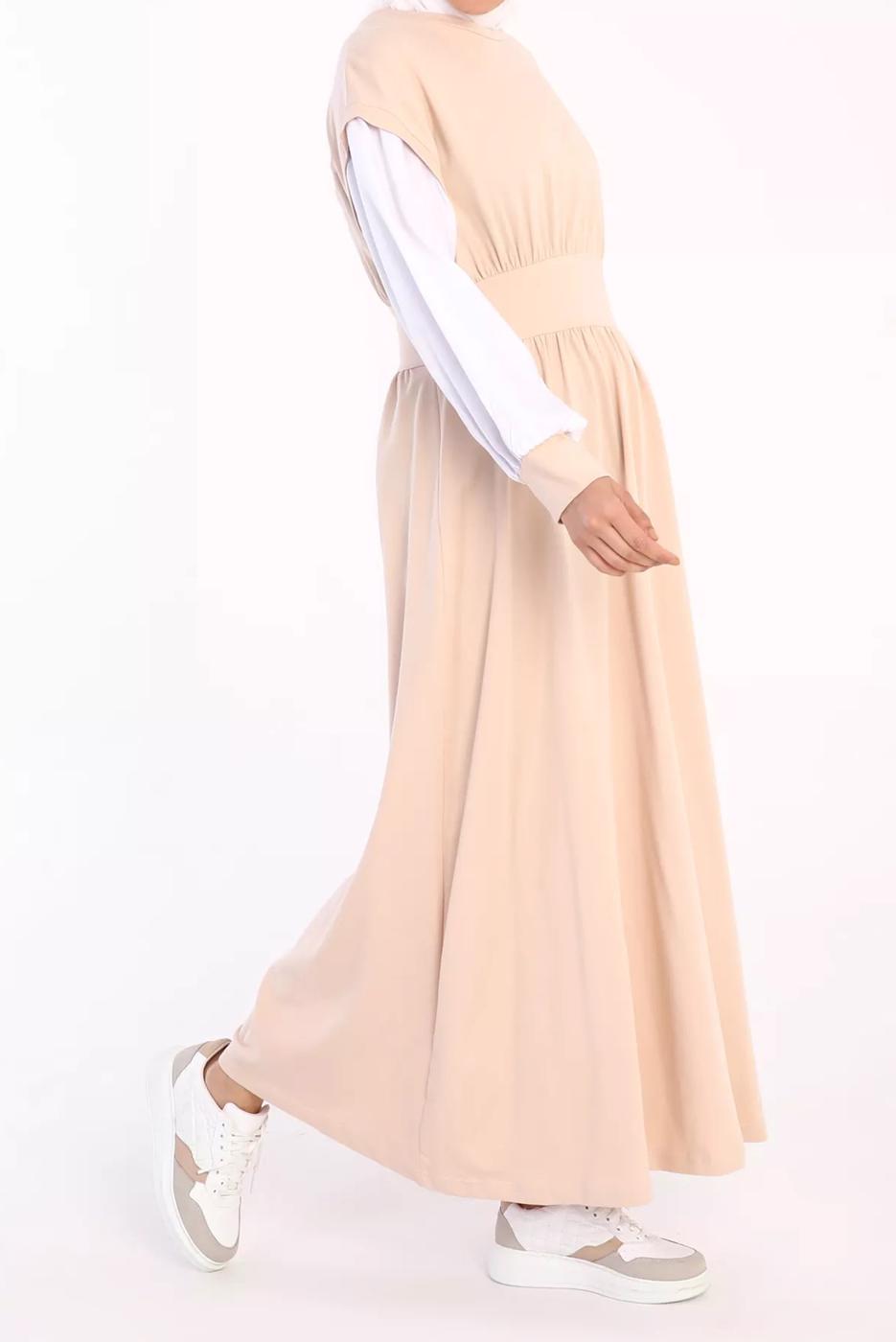 Hijab clothing BEIGE ELASTIC WAIST 2-COLOR DRESS 42006 