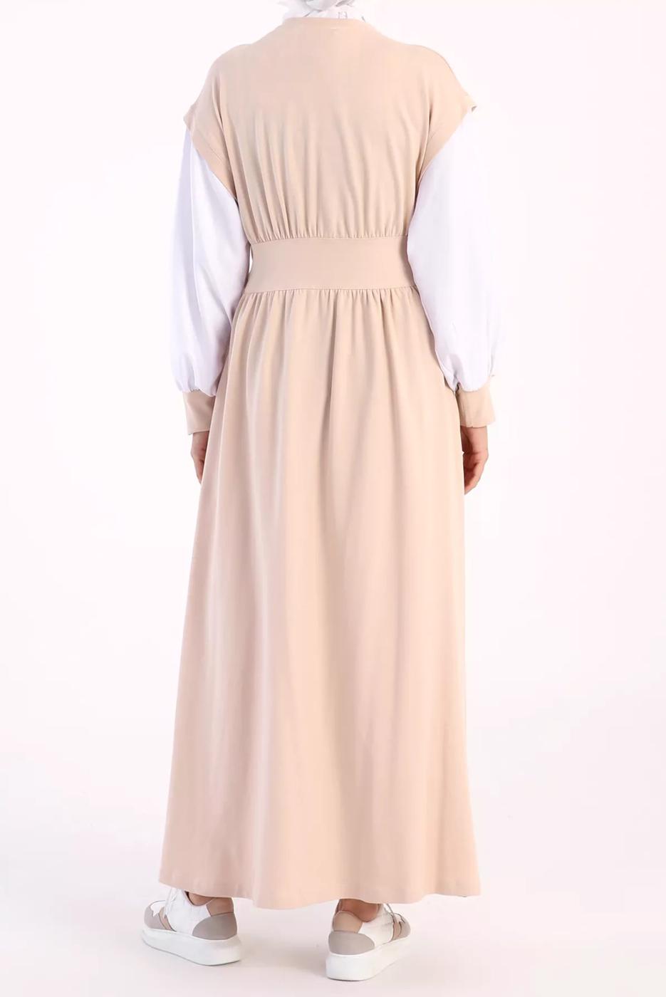 Hijab clothing BEIGE ELASTIC WAIST 2-COLOR DRESS 42006 