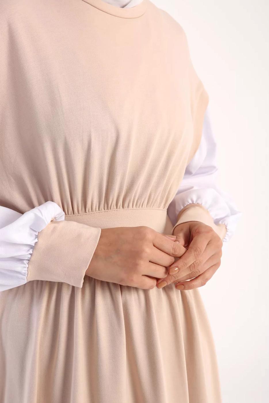 Hijab clothing BEIGE ELASTIC WAIST 2-COLOR DRESS 42006 