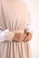 Hijab clothing BEIGE ELASTIC WAIST 2-COLOR DRESS 42006 