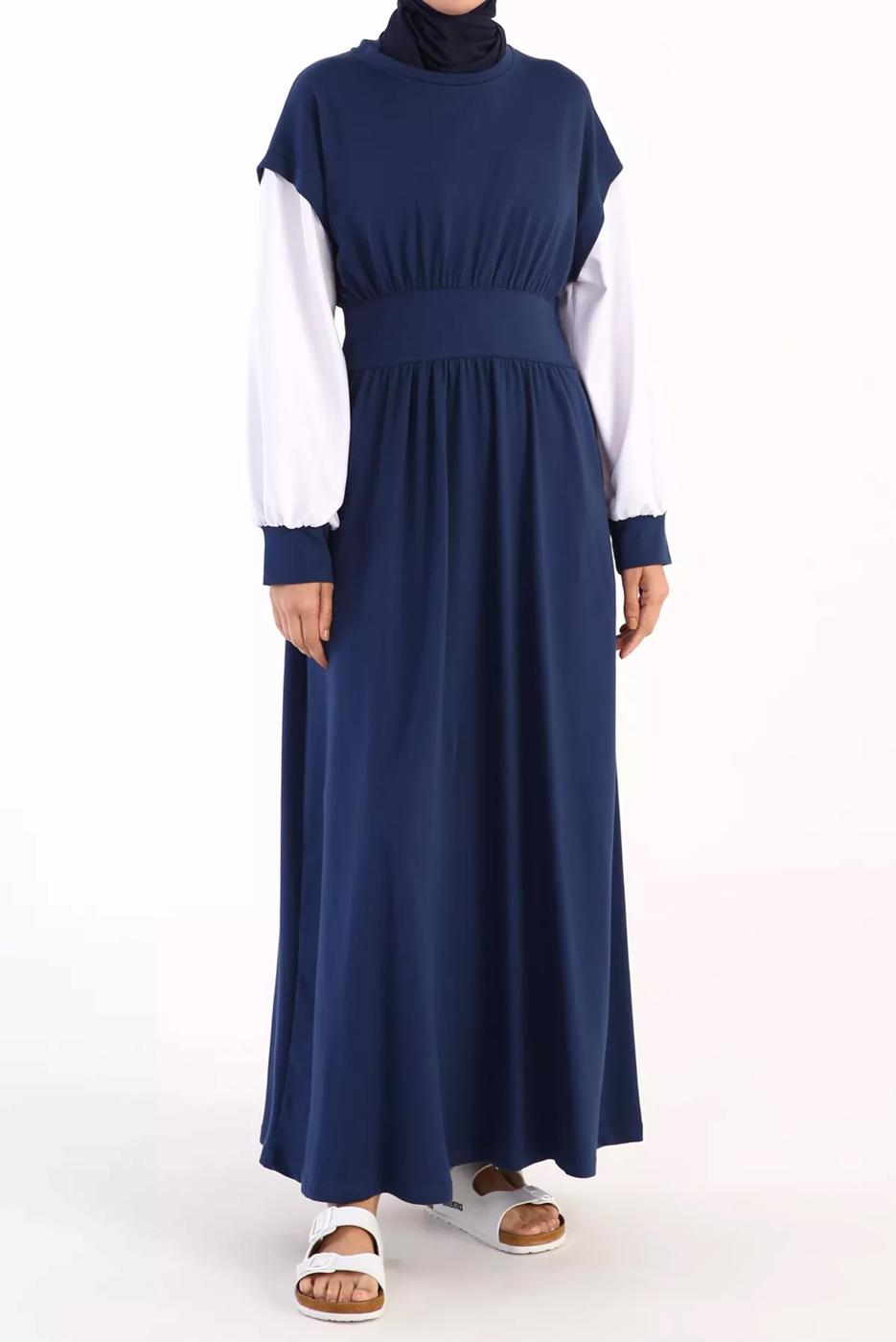 Tesettür giyim LACİVERT BELİ LASTİKLİ İKİ RENKLİ ELBİSE 42006 