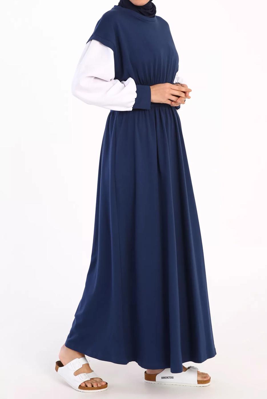 Tesettür giyim LACİVERT BELİ LASTİKLİ İKİ RENKLİ ELBİSE 42006 