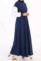 Tesettür giyim LACİVERT BELİ LASTİKLİ İKİ RENKLİ ELBİSE 42006 