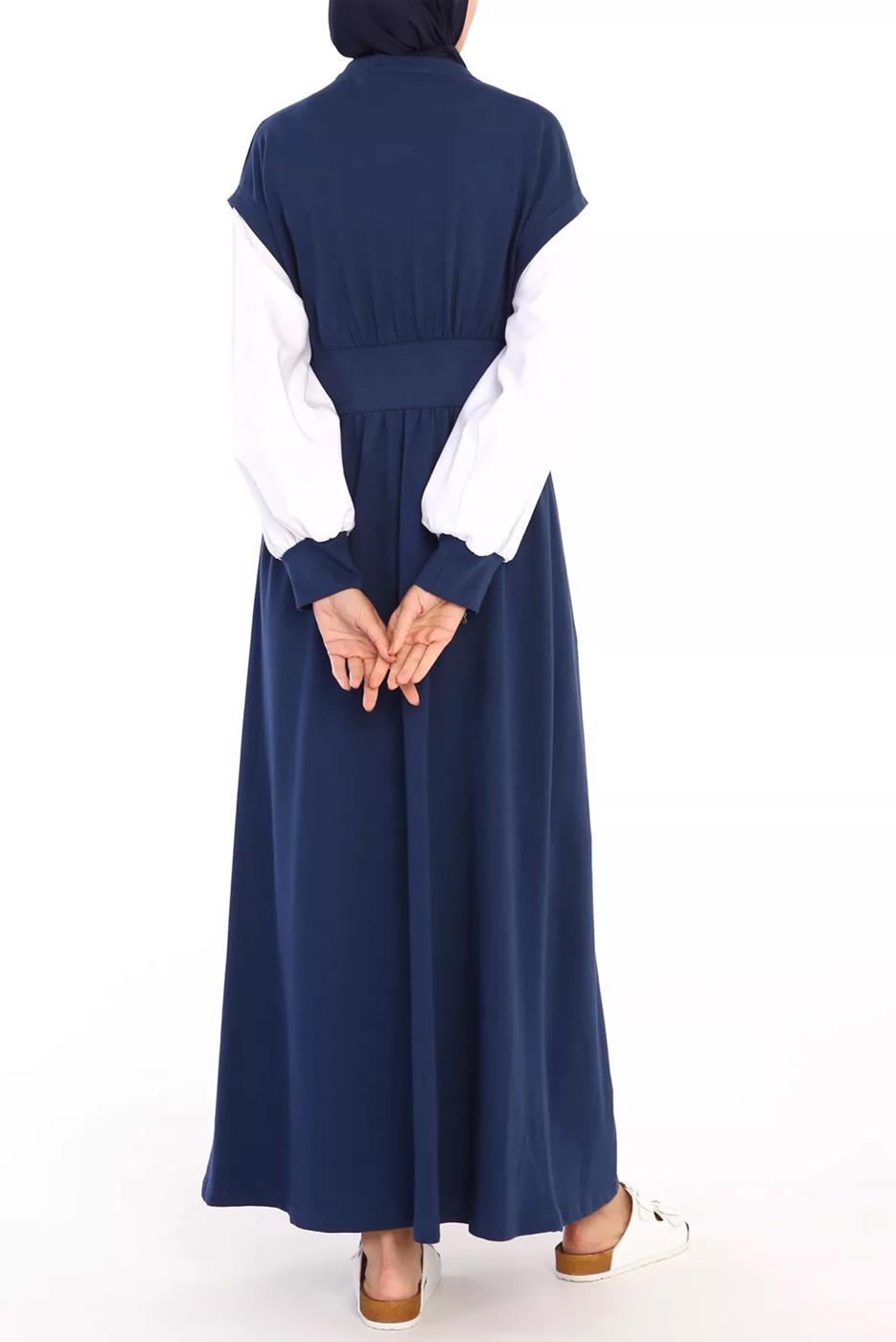 Tesettür giyim LACİVERT BELİ LASTİKLİ İKİ RENKLİ ELBİSE 42006 