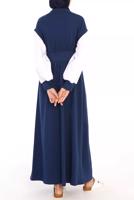 Tesettür giyim LACİVERT BELİ LASTİKLİ İKİ RENKLİ ELBİSE 42006 