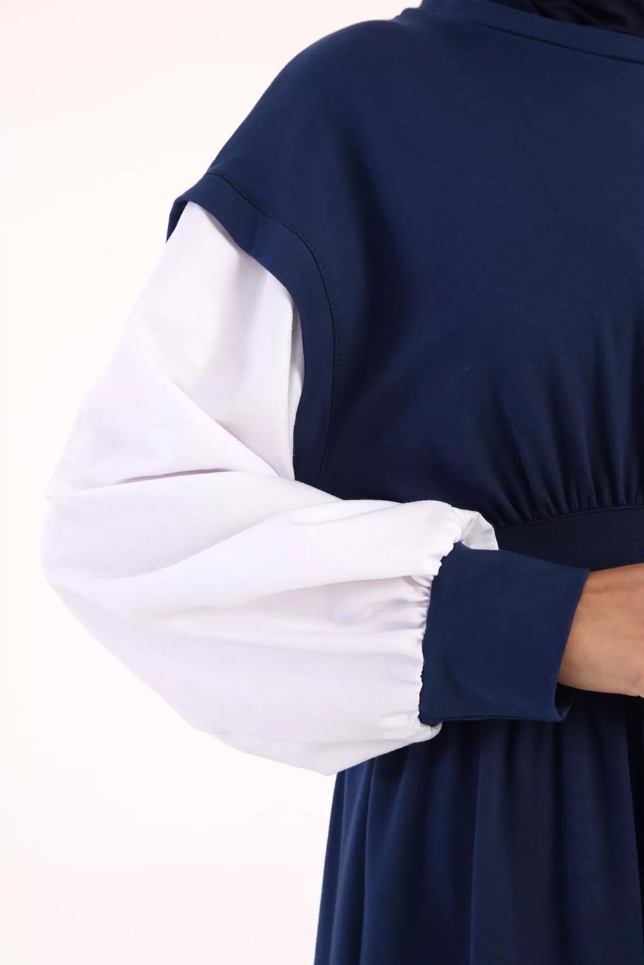 Tesettür giyim LACİVERT BELİ LASTİKLİ İKİ RENKLİ ELBİSE 42006 