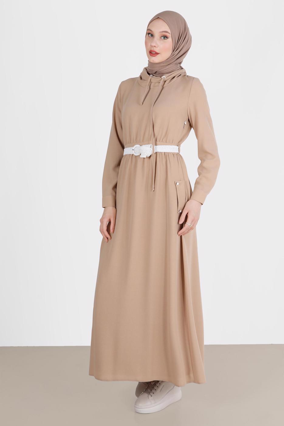 Tesettür giyim BEJ ALVİNA CEPLİ TESETTÜR ELBİSE T 42590
