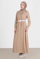 Tesettür giyim BEJ ALVİNA CEPLİ TESETTÜR ELBİSE T 42590