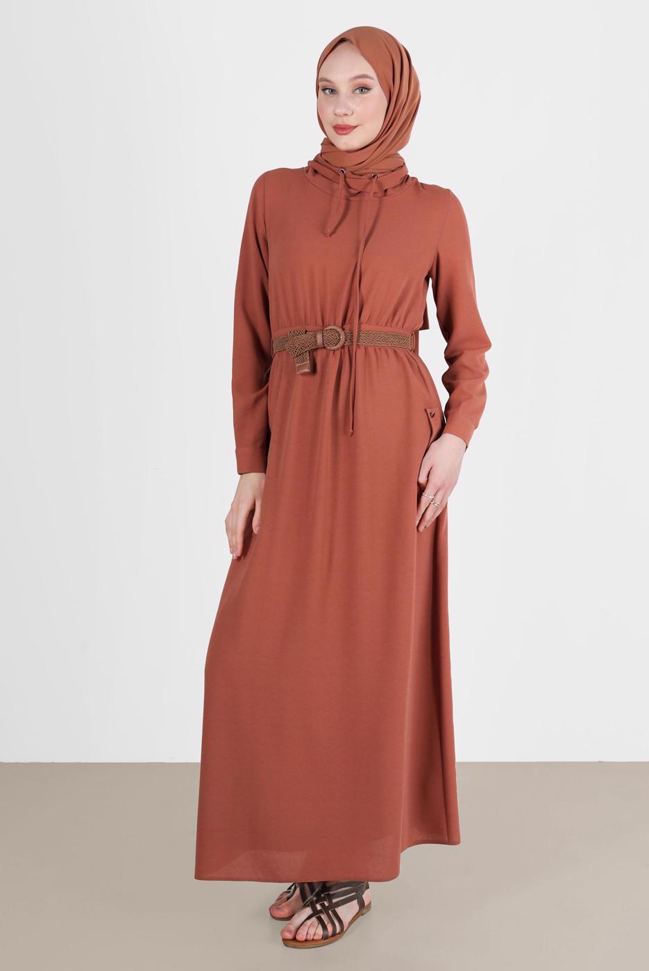 Tesettür giyim KAHVE ALVİNA CEPLİ TESETTÜR ELBİSE T 42590