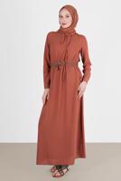 Tesettür giyim KAHVE ALVİNA CEPLİ TESETTÜR ELBİSE T 42590