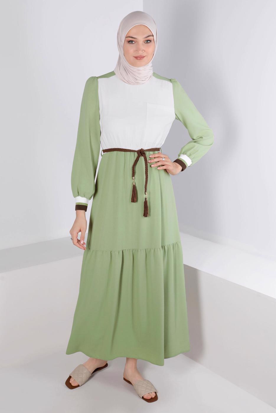 Tesettür giyim YEŞİL ALVİNA İKİ RENKLİ ELBİSE T 42610