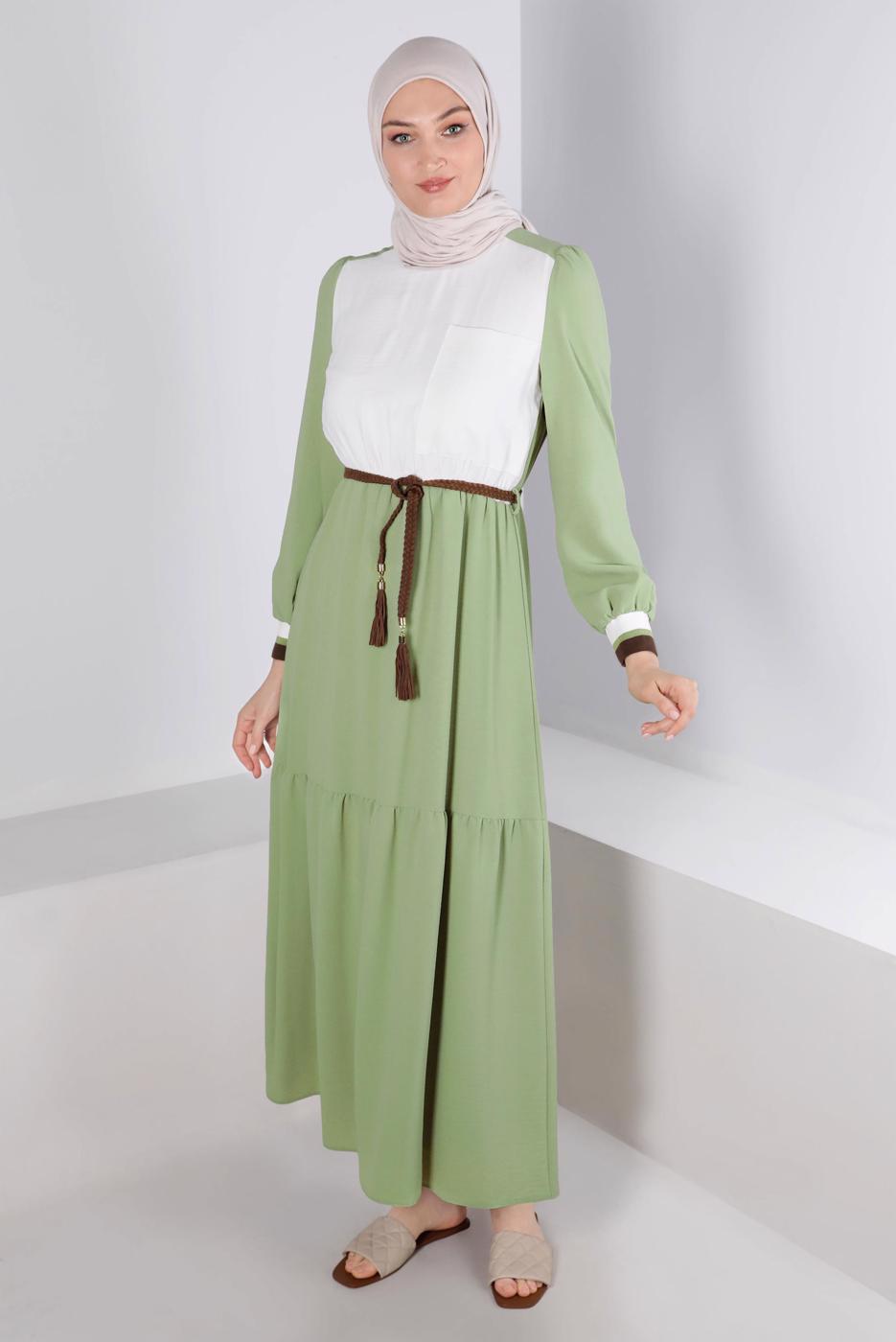 Tesettür giyim YEŞİL ALVİNA İKİ RENKLİ ELBİSE T 42610