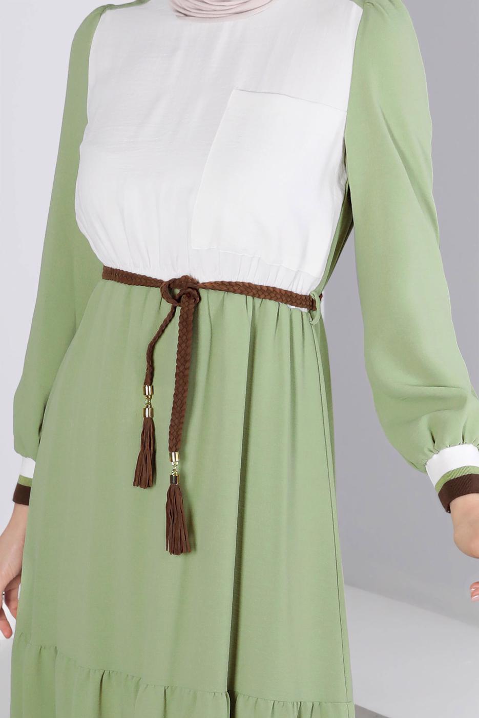 Tesettür giyim YEŞİL ALVİNA İKİ RENKLİ ELBİSE T 42610