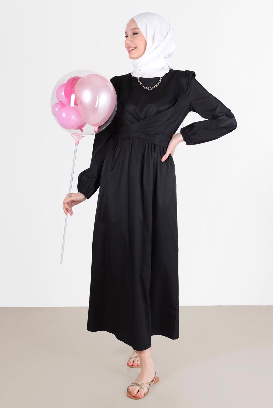 Tesettür giyim SİYAH ALVİNA BAĞLAMA DETAYLI ELBİSE T 42611