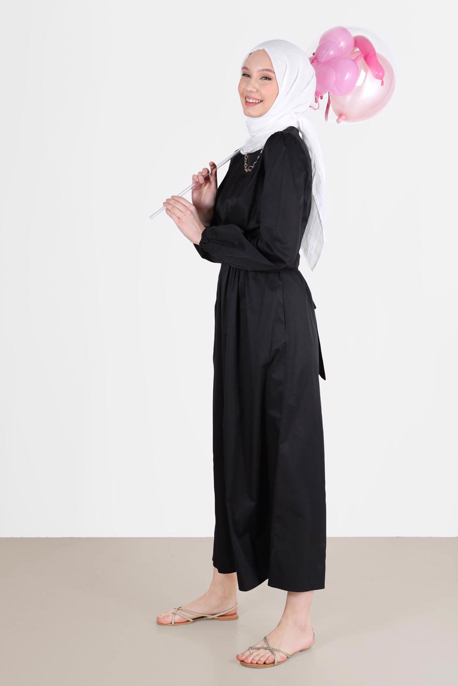 Tesettür giyim SİYAH ALVİNA BAĞLAMA DETAYLI ELBİSE T 42611