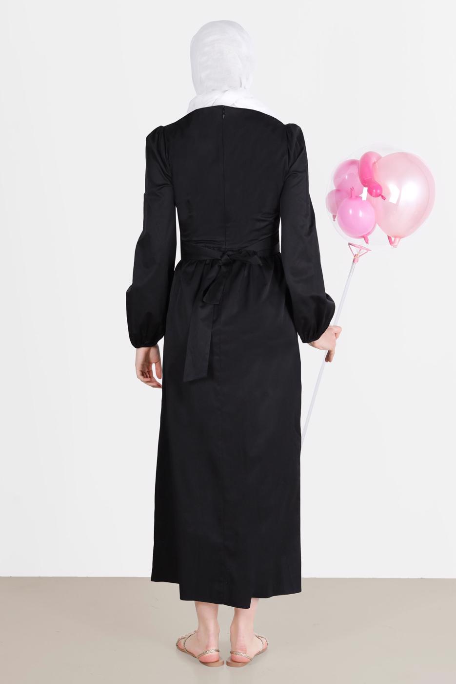 Tesettür giyim SİYAH ALVİNA BAĞLAMA DETAYLI ELBİSE T 42611