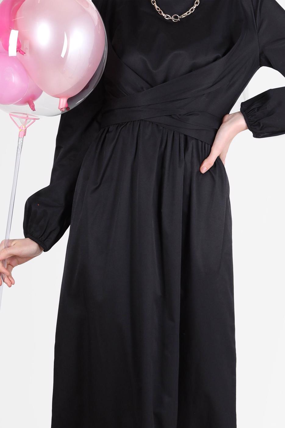 Tesettür giyim SİYAH ALVİNA BAĞLAMA DETAYLI ELBİSE T 42611