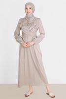 Tesettür giyim BEJ ALVİNA BAĞLAMA DETAYLI ELBİSE T 42611