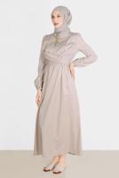 Tesettür giyim BEJ ALVİNA BAĞLAMA DETAYLI ELBİSE T 42611