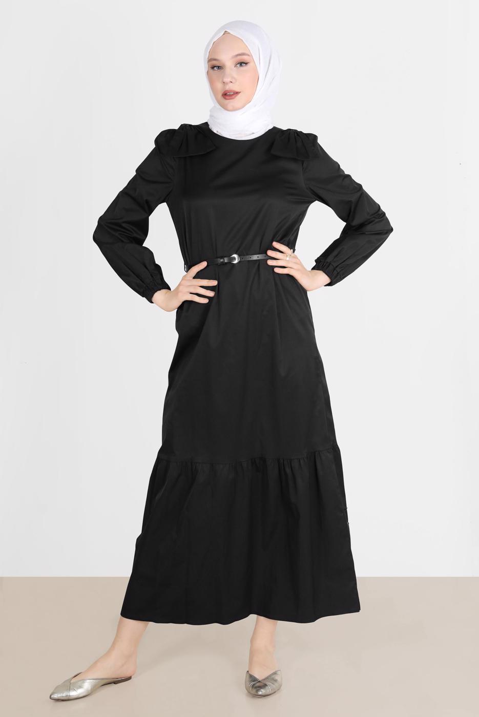Tesettür giyim SİYAH ALVİNA PAMUK DOKULU KEMERLİ ELBİSE 42615