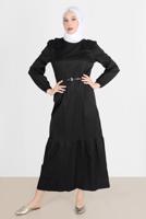 Tesettür giyim SİYAH ALVİNA PAMUK DOKULU KEMERLİ ELBİSE 42615