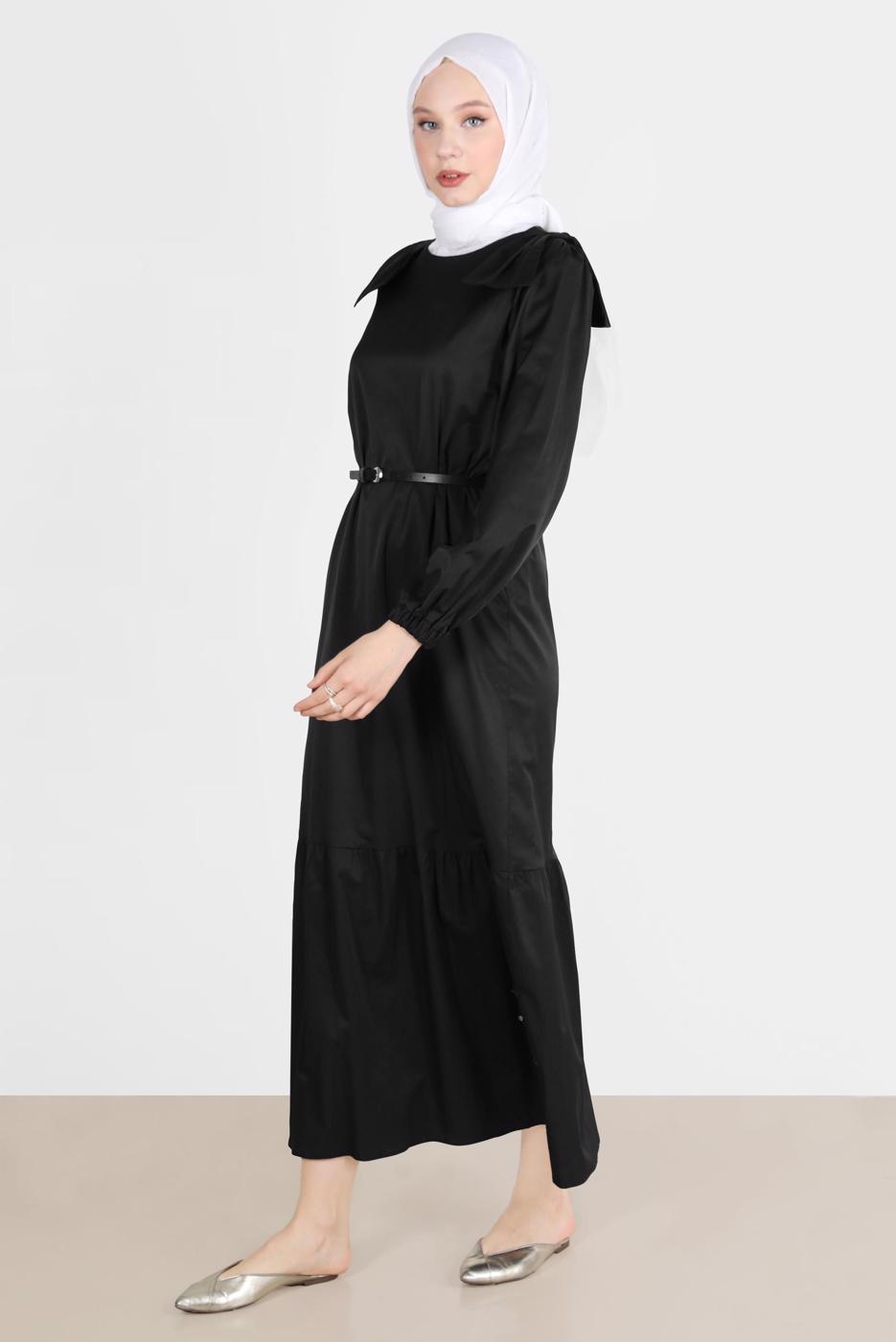 Tesettür giyim SİYAH ALVİNA PAMUK DOKULU KEMERLİ ELBİSE 42615