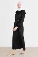 Tesettür giyim SİYAH ALVİNA PAMUK DOKULU KEMERLİ ELBİSE 42615