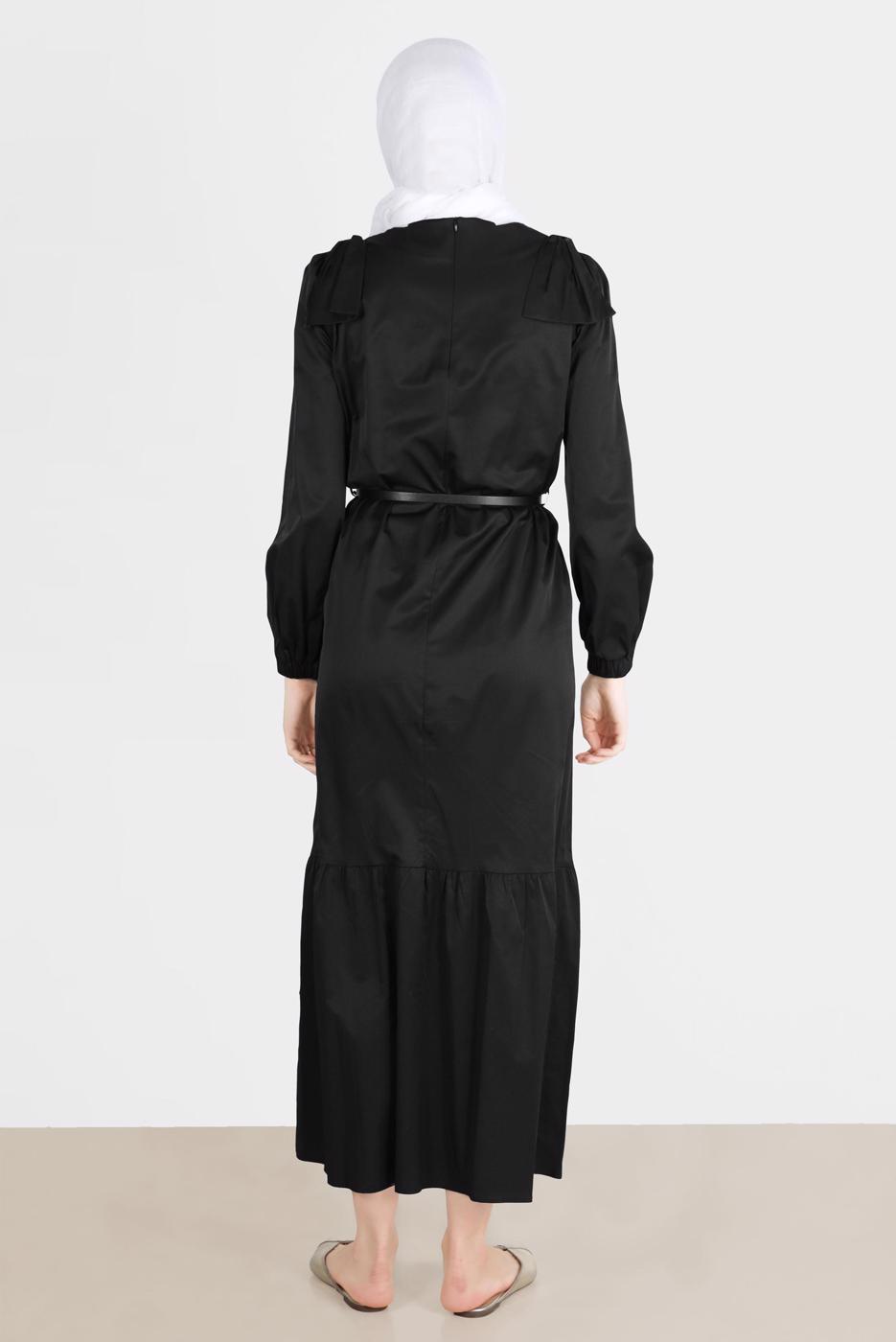 Tesettür giyim SİYAH ALVİNA PAMUK DOKULU KEMERLİ ELBİSE 42615