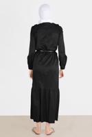 Tesettür giyim SİYAH ALVİNA PAMUK DOKULU KEMERLİ ELBİSE 42615