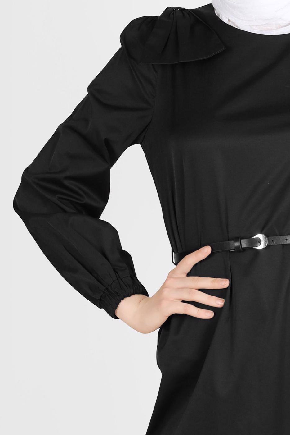 Tesettür giyim SİYAH ALVİNA PAMUK DOKULU KEMERLİ ELBİSE 42615