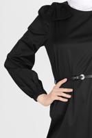 Tesettür giyim SİYAH ALVİNA PAMUK DOKULU KEMERLİ ELBİSE 42615