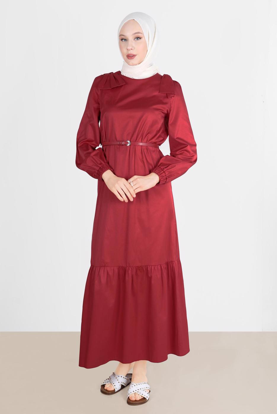 Tesettür giyim BORDO ALVİNA PAMUK DOKULU KEMERLİ ELBİSE 42615