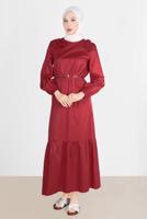 Tesettür giyim BORDO ALVİNA PAMUK DOKULU KEMERLİ ELBİSE 42615