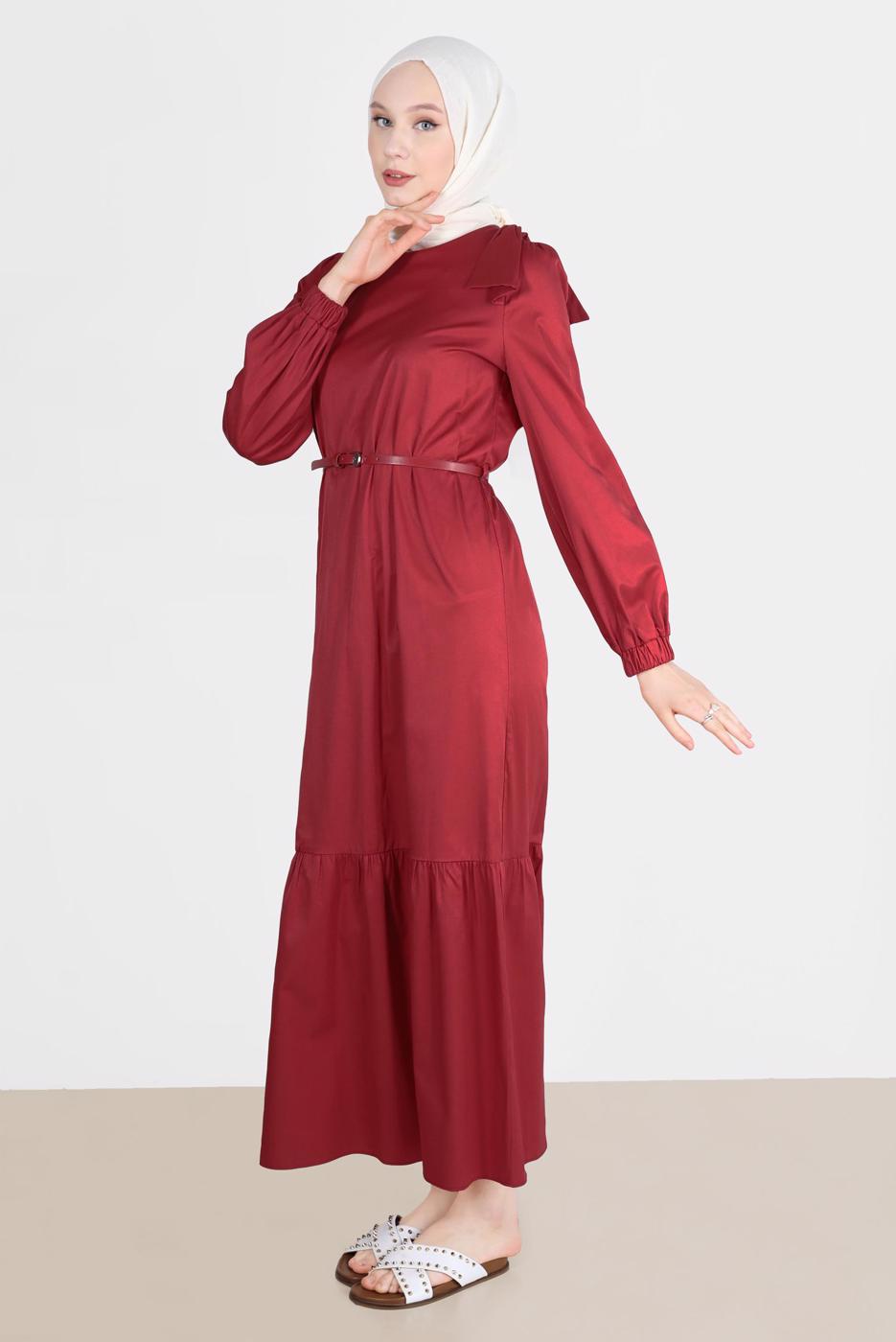Tesettür giyim BORDO ALVİNA PAMUK DOKULU KEMERLİ ELBİSE 42615