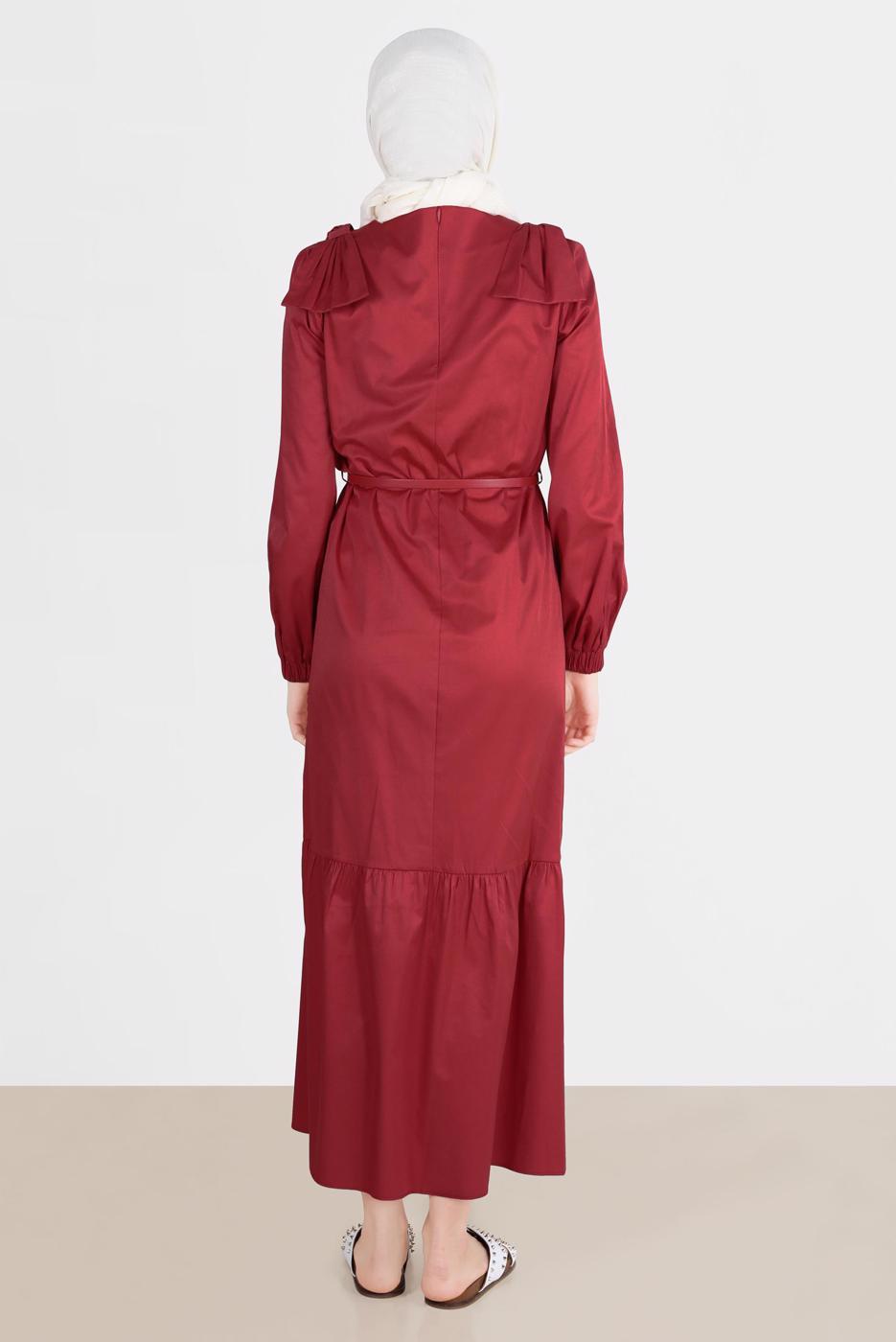 Tesettür giyim BORDO ALVİNA PAMUK DOKULU KEMERLİ ELBİSE 42615