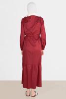 Tesettür giyim BORDO ALVİNA PAMUK DOKULU KEMERLİ ELBİSE 42615