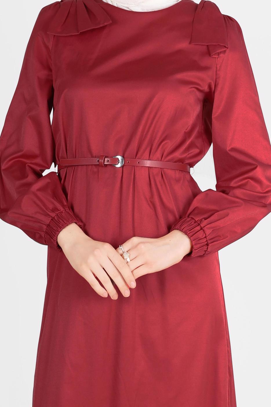 Tesettür giyim BORDO ALVİNA PAMUK DOKULU KEMERLİ ELBİSE 42615