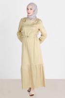 Tesettür giyim KUM ALVİNA PAMUK DOKULU KEMERLİ ELBİSE 42615