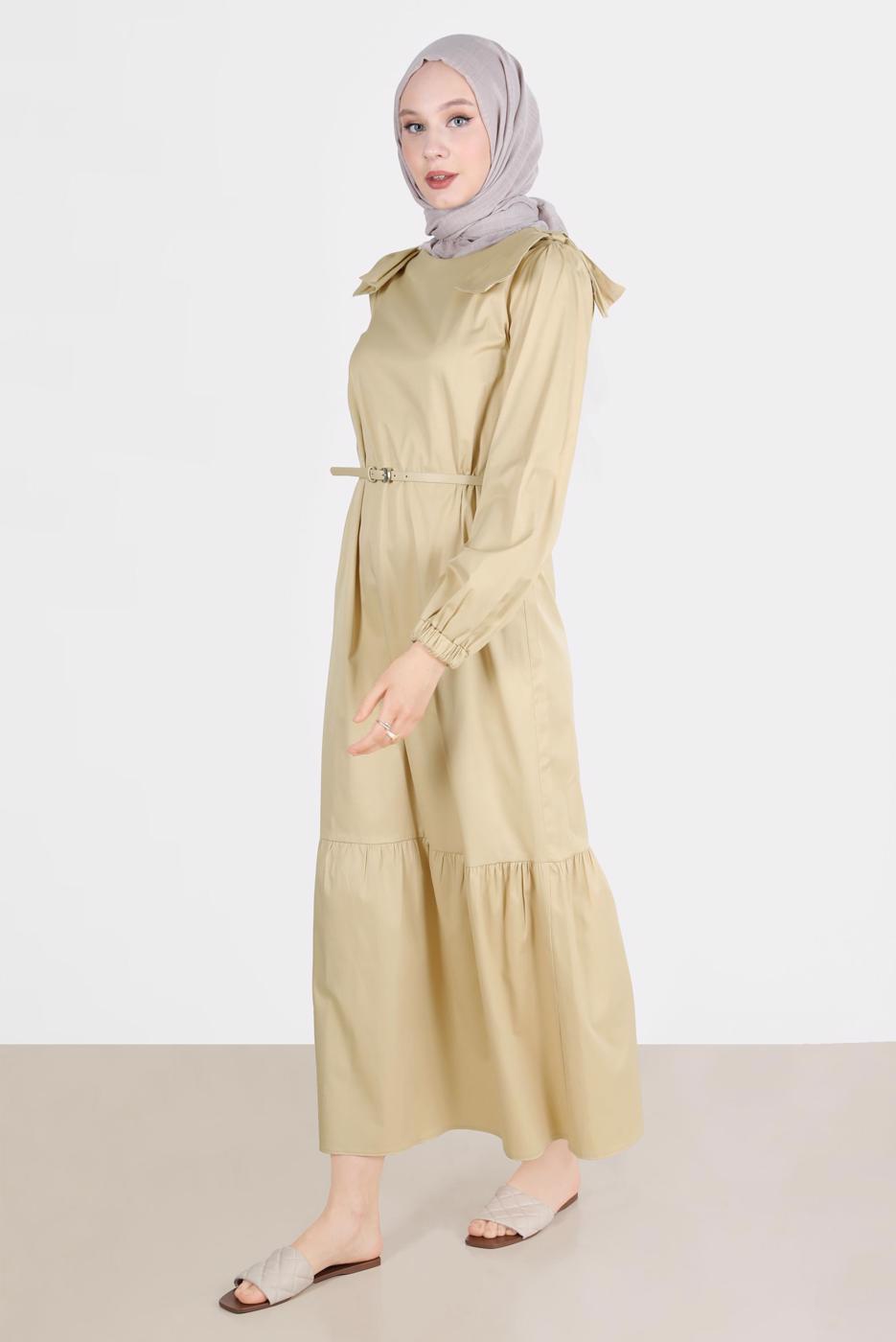 Tesettür giyim KUM ALVİNA PAMUK DOKULU KEMERLİ ELBİSE 42615