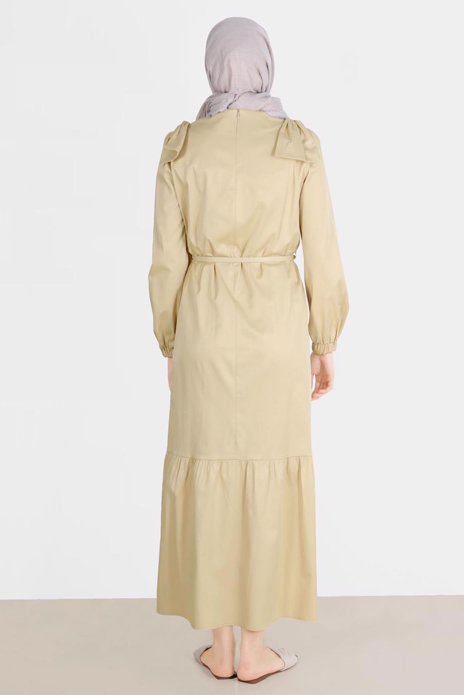 Tesettür giyim KUM ALVİNA PAMUK DOKULU KEMERLİ ELBİSE 42615